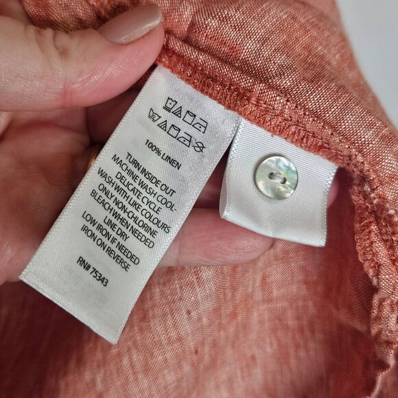 Isaac Mizrahi Linen V-Neck Top Roll Tab Sleeve Lagenlook Boxy Coral Natural L - Picture 4 of 9